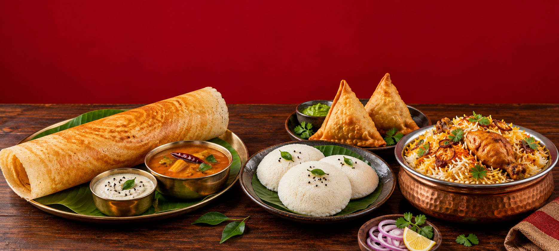 Illustration of dosa, idly, samosas and chicken biriyani